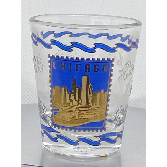 Vintage Chicago Blue And Gold Shot Glass w/ embossed raised pattern clouds - Picture 3 of 7